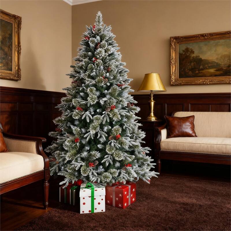 8ft Snow Frosted Christmas Tree,Pre-Decorated Christmas Tree with Pinecones & Berries Metal Stand - N/A - 8 Foot