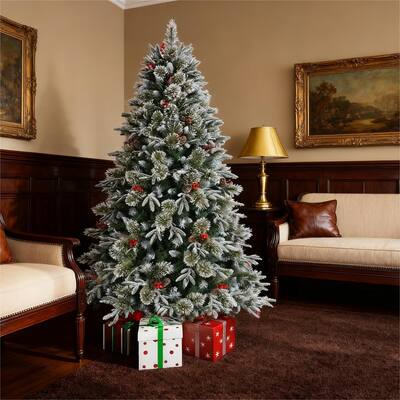 8ft Snow Frosted Christmas Tree,Pre-Decorated Christmas Tree with Pinecones & Berries Metal Stand - N/A