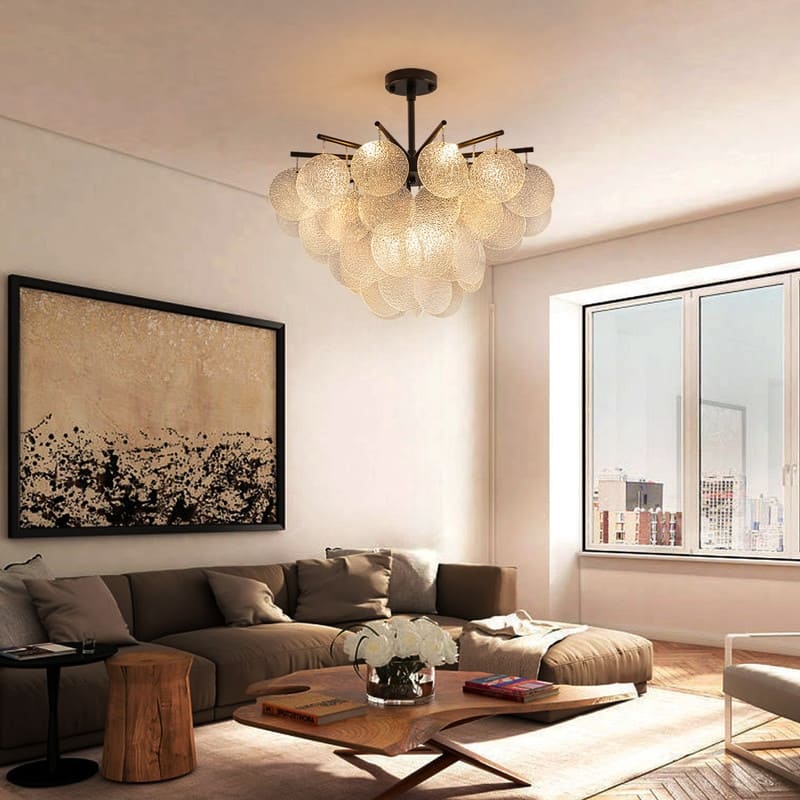 23.6" Modern 4-Tier Farmhouse Glass Chandelier, 9-Light Seeded Glass Dining Room Pendant Light - N/A