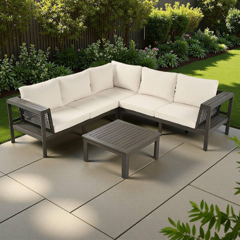 4-Pieces Outdoor Acacia Wood L-Shaped Sectional Sofa Set with Coffee Table and Arm Side Table - Beige,Grayish Brown