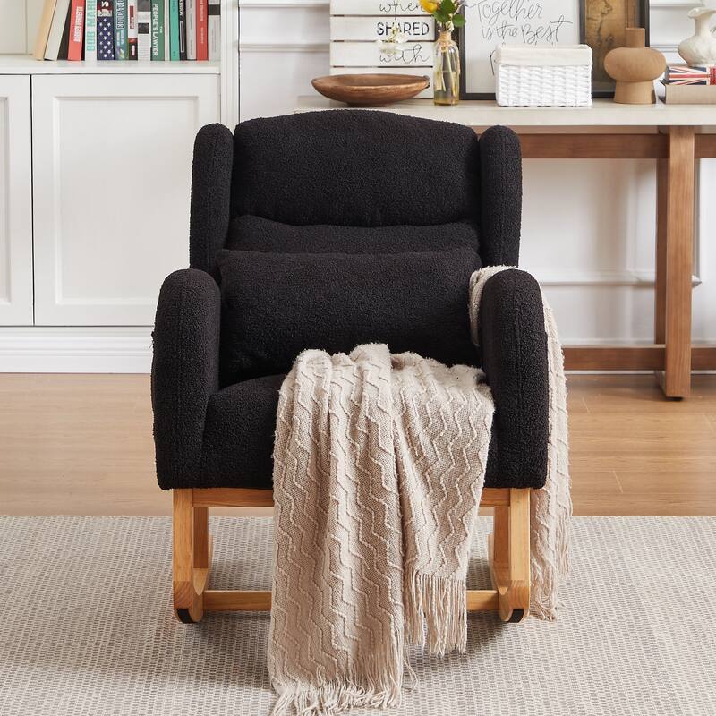 Black Modern Upholstered Rocking Chair with Sturdy Thickened Rubber Wood Base and Side Pocket
