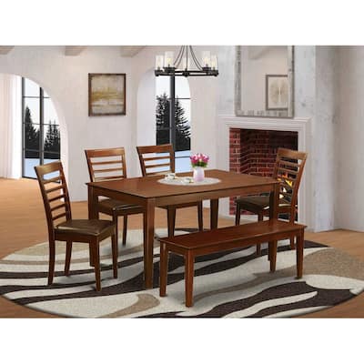 HomeStock 6-Piece Rectangle Mahogany Finish Solid Wood Top Dining Table with 1 Bench, 4 Chairs