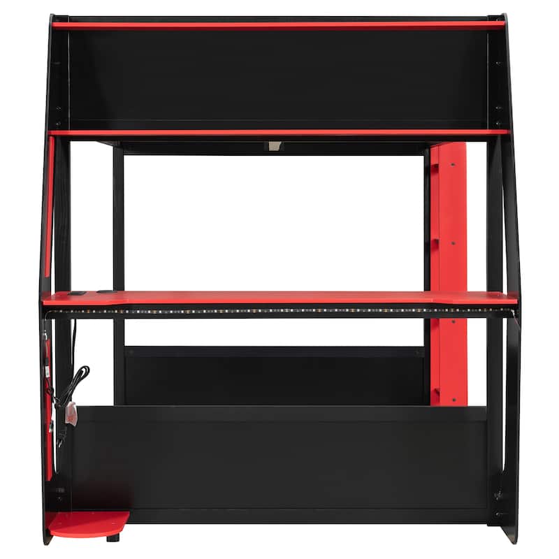Gaming Loft Bed with Desk LED USb Shelf Full Size