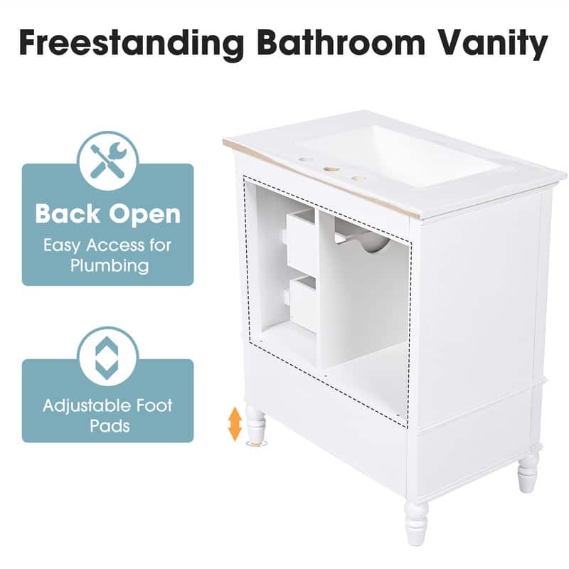 30" Bathroom Vanity with Ceramic Sink Top, Modern Bathroom Storage Cabinet with 1 Door, 3 Drawers and Solid Wood Legs