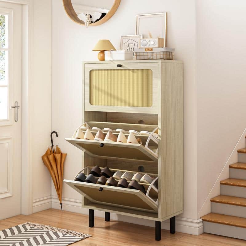 Bohotic Mid-Century Modern Style 3 Flip Drawers Shoe Cabinet Free Standing Shoe Rack for Home Office