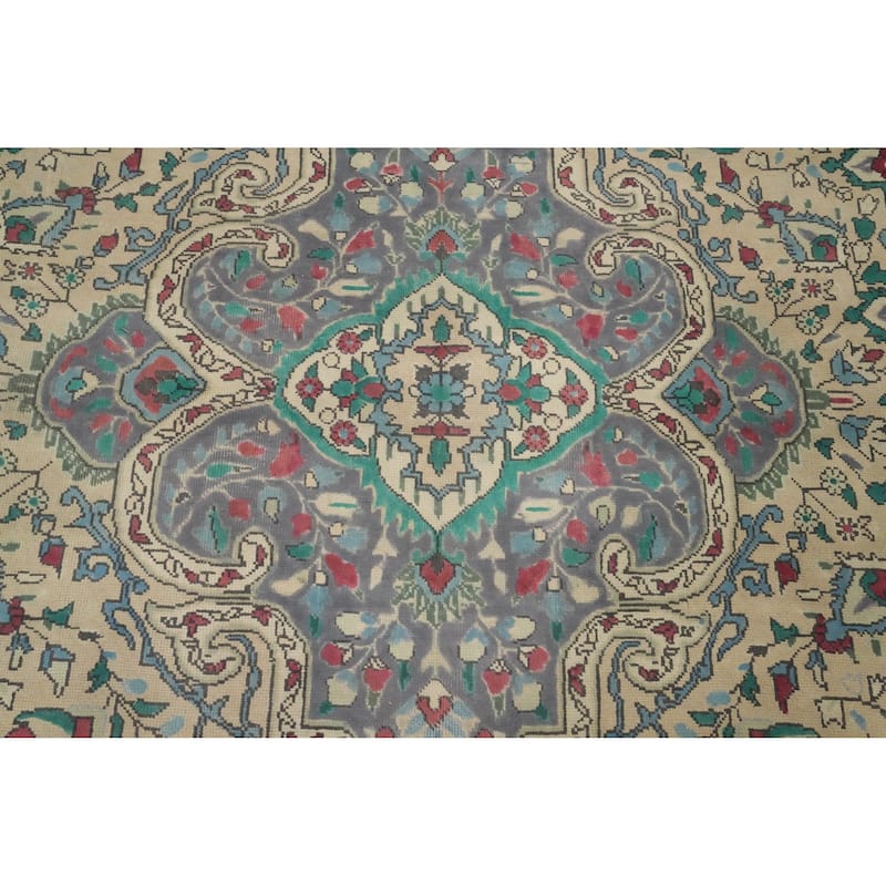 Hand Knotted Oriental 100% Wool Carpet Traditional Floral Beige & Ivories Tabriz Area Rug - 10' 9'' X 8' 0''