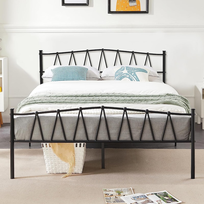 Javlergo Vintage Metal Platform Bed Frame with Headboard and Footboard, Heavy Duty Slat Support/No Box Spring Needed - Black - Queen