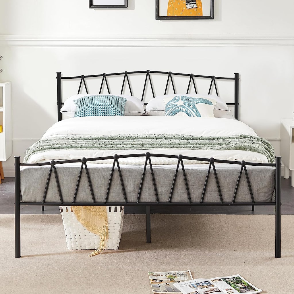 Javlergo Vintage Metal Platform Bed Frame with Headboard and Footboard, Heavy Duty Slat Support/No Box Spring Needed