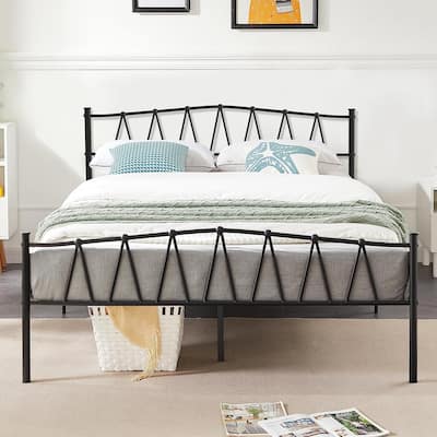 Javlergo Vintage Metal Platform Bed Frame with Headboard and Footboard, Heavy Duty Slat Support/No Box Spring Needed