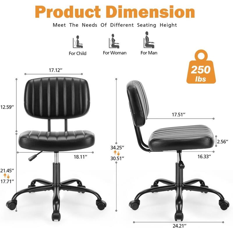 Small Office Computer Desk Chair with Wheels and Lumbar Support, Comfy Cute Armlees PU Leather Vanity Rolling Swuvel Task Chair