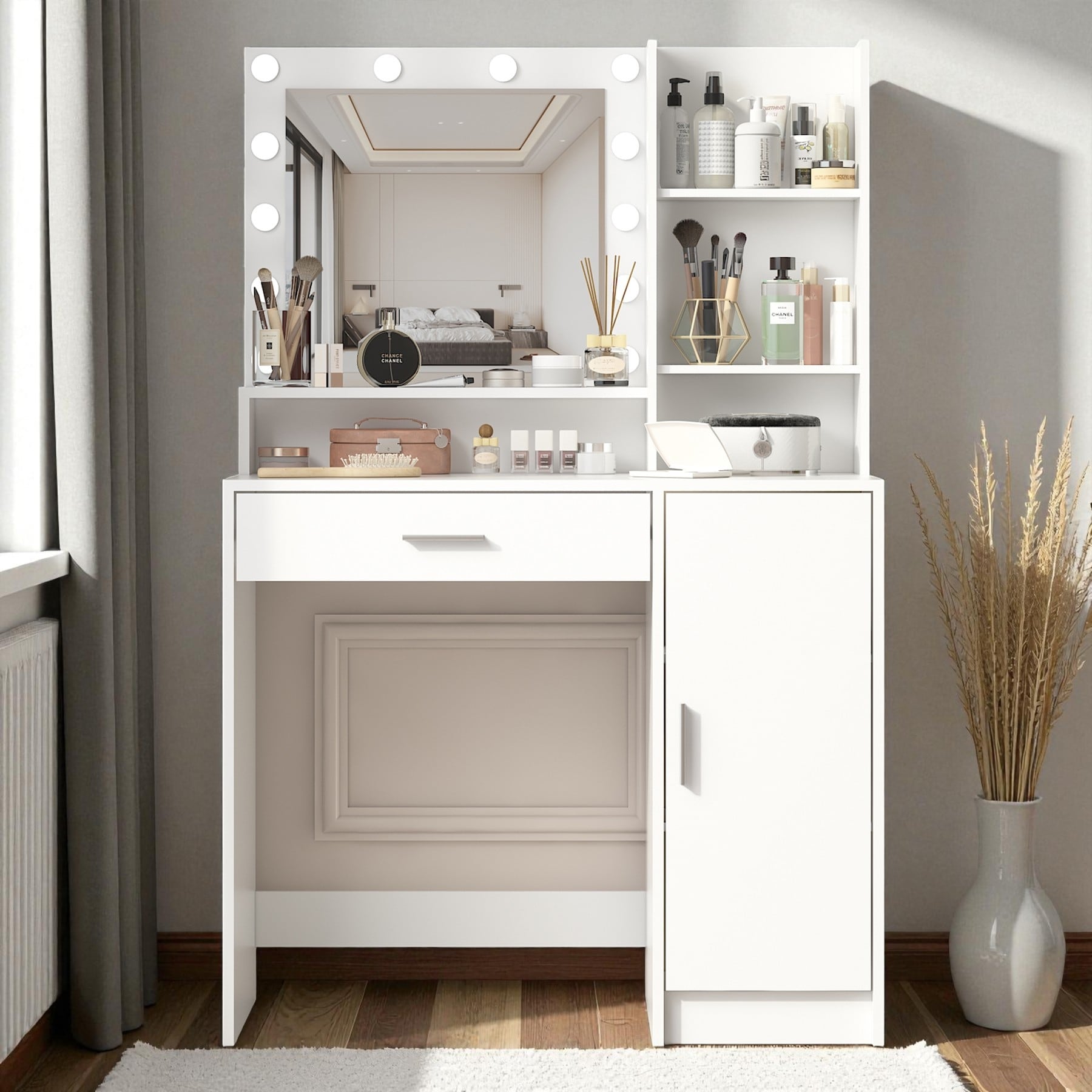 Vanity Desk with Mirror and Lights, Large Drawer and Multi-Level Storage, Adjustable LED Lighting for Bedroom Dressing Table