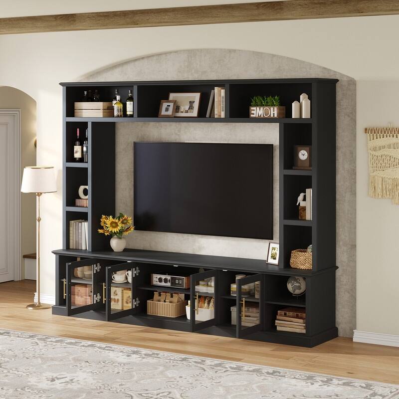 Modern Entertainment Center Wall Unit for TVs up to 80", One-Piece 95.1" TV Console Unit with Bookshelves & Tempered Glass Doors