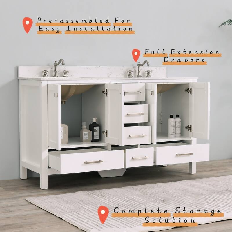 Prismatica 60 in. White Vanity with Countertop & Splash, Double Sinks