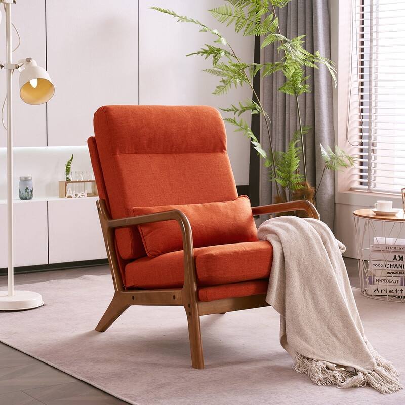 High Back Solid Wood Armrest Backrest Leisure Chair Accent Chair - Orange-Linen