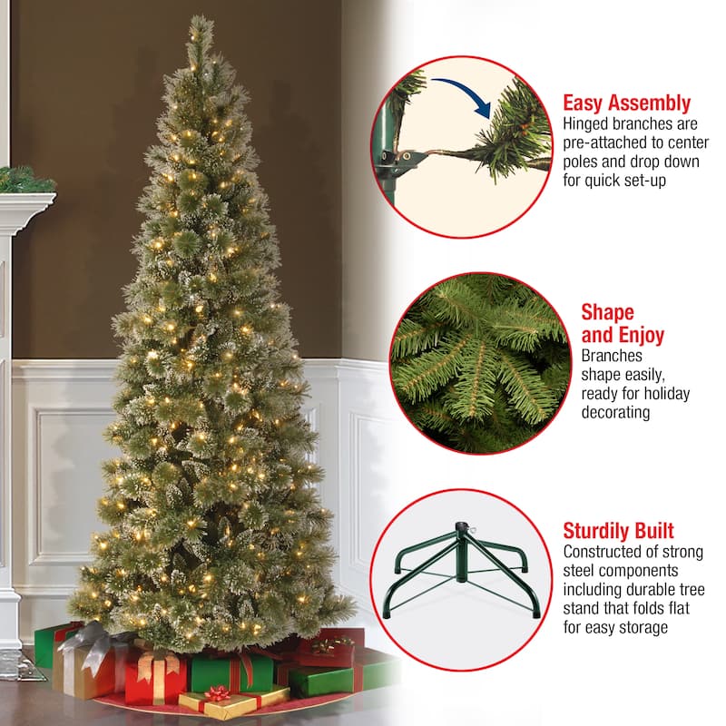 National Tree Company 7.5 ft. Glittery Bristle Pine Slim Hinged Tree with 600 LED Lights - 7.5 Foot