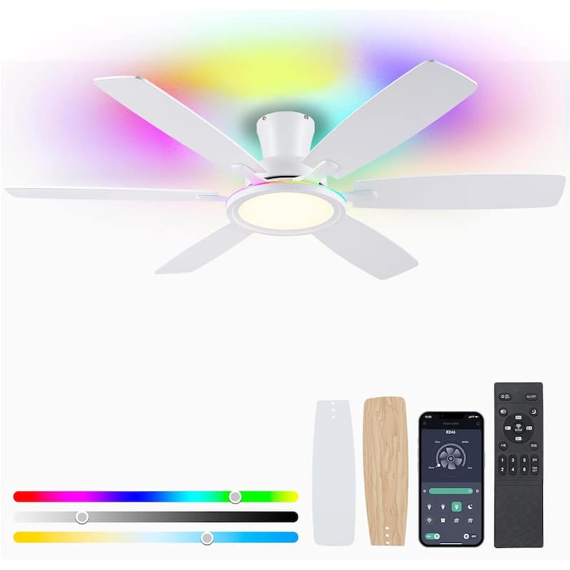 52 Inches RGB Flush Mount Ceiling Fan with Light,Reversible DC Motor for Bedroom Living Room Patio - 52 Inches - White-54"