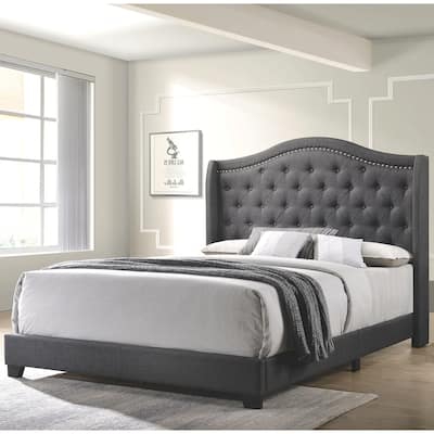 Modern Elegant Demi-Wing Design Button Tufted Grey Upholstered Bed