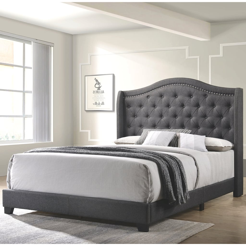 Modern Elegant Demi-Wing Design Button Tufted Grey Upholstered Bed