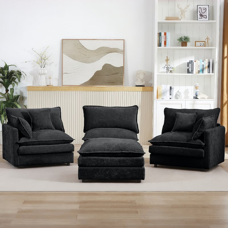L Shaped Modular Sectional Sofa with Ottoman, Comfy Chenille Upholstered Cloud Couch, 4-Seat Deep Seat Sofa with Pillow