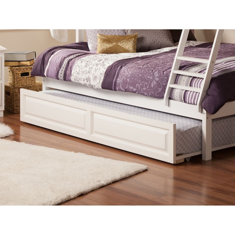 Twin Trundle Bed - Renaissance Panel Design, Smooth Rollers, Under Bed Storage, White Finish