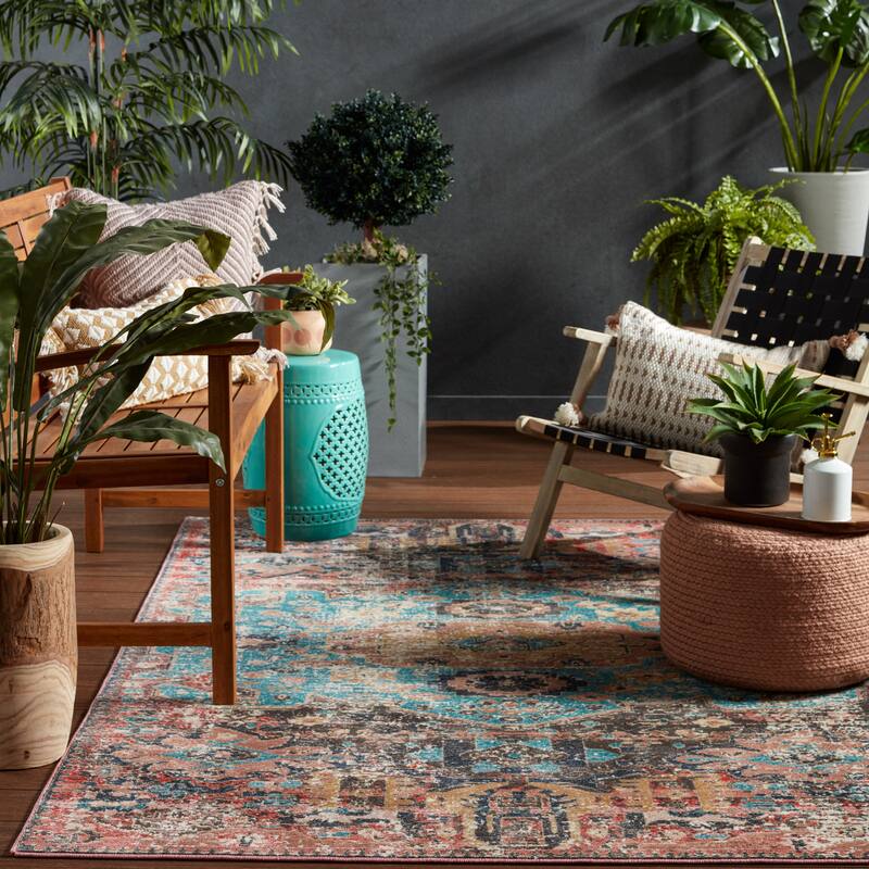 Presia Indoor/ Outdoor Medallion Red/ Teal Area Rug