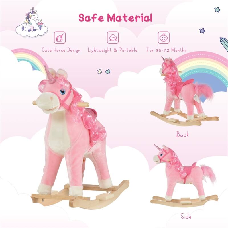 Pink Plush Ride-On Unicorn Rocking Horse for Kids Ages 3-6 Interactive Sound and Movement Wooden Steel Frame