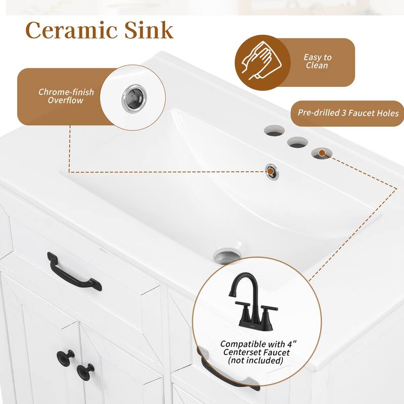 30" White Freestanding Bathroom Vanity with Ceramic Sink and Black Hardware
