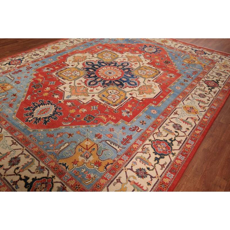 Vegetable Dye Heriz Serapi Area Rug Handmade Orange Wool Carpet - 9'2" x 11'10"