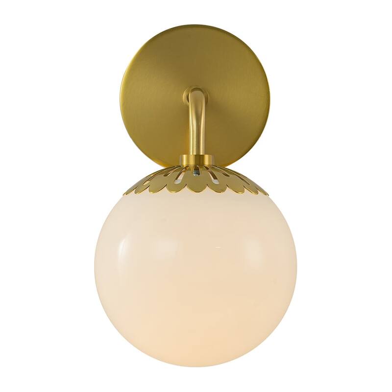 1-Light Aged Brass Milky Glass Globe Wall Sconce - Dimmable