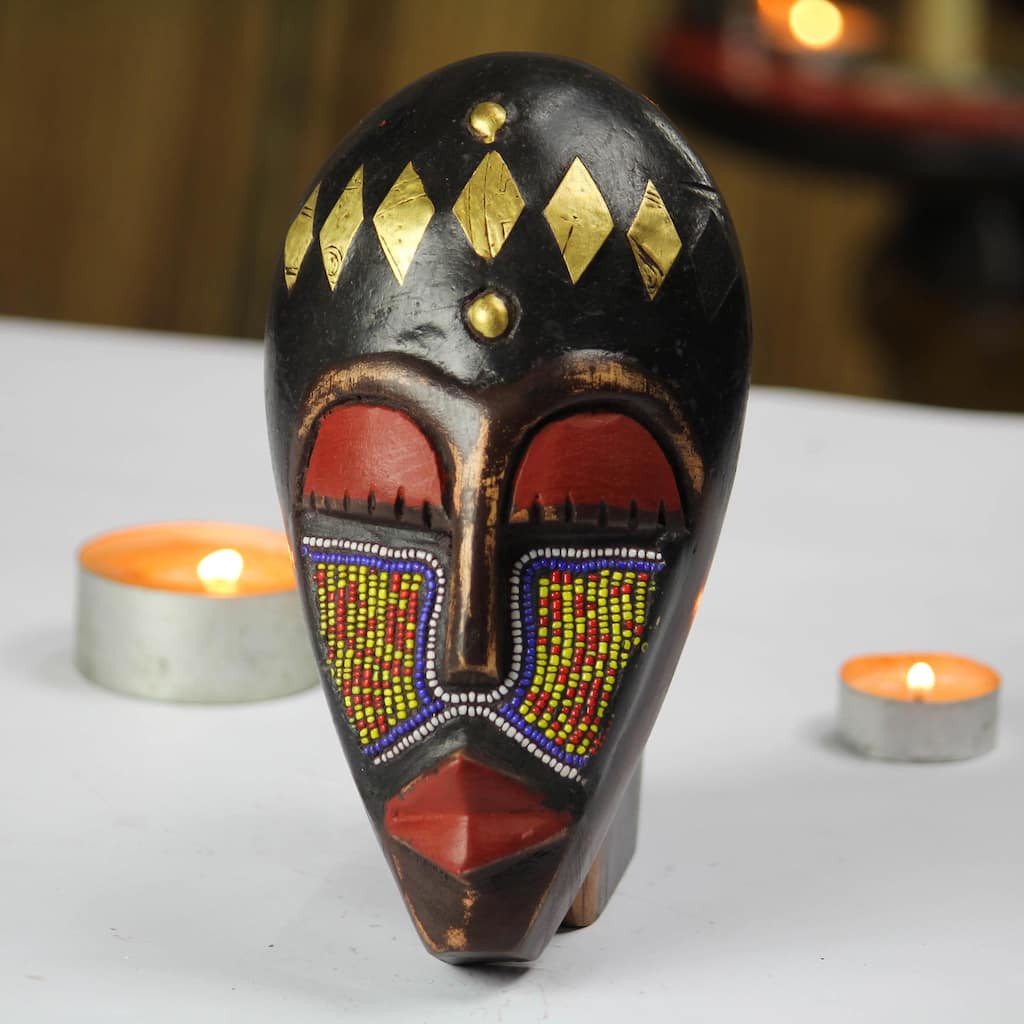 Novica Handmade Onyeisi Recycled Glass Beaded African Wood Mask