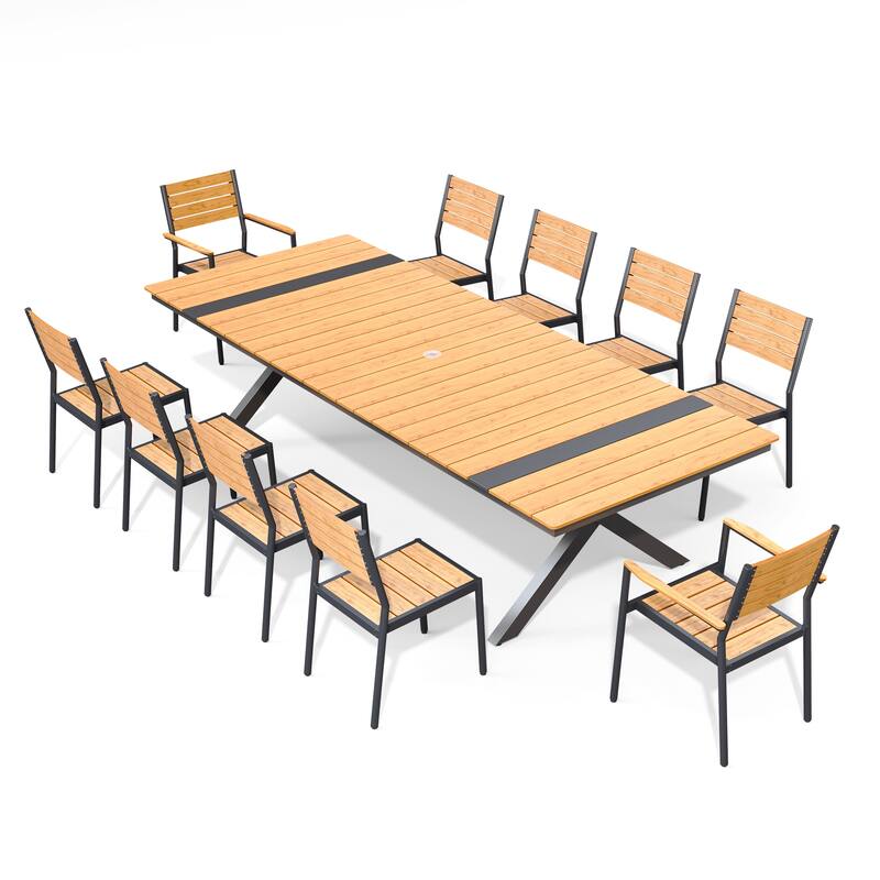 9/11PC Aluminum X Frame Outdoor Patio Dining Set Umbrella Hole Table with Stackable Chairs - N/A