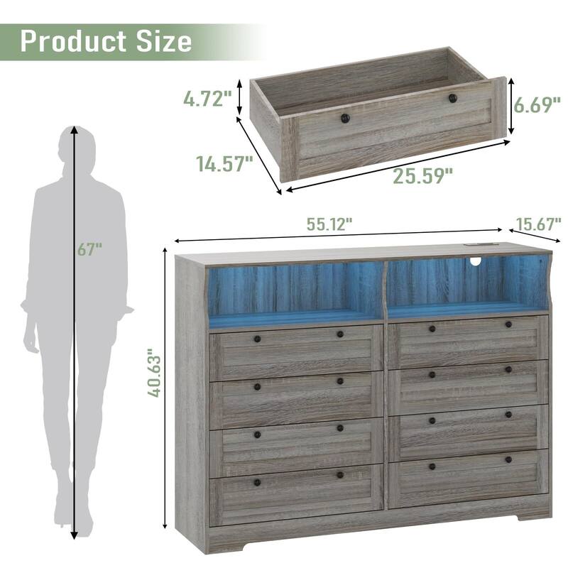 8 Drawers Wooden Dressers for Bedroom Living Room, Hallway, Wood Dressers with Led Lights and Charging Station