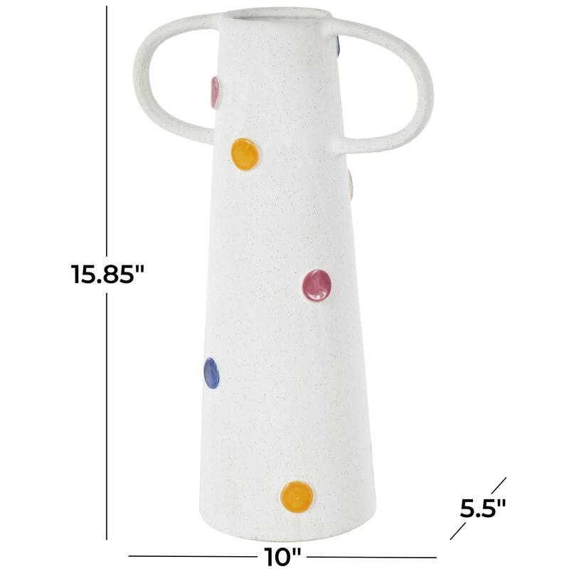Ceramic Slim Cone Vase with Multicolor Spots and Handles - White - Roche River Decor