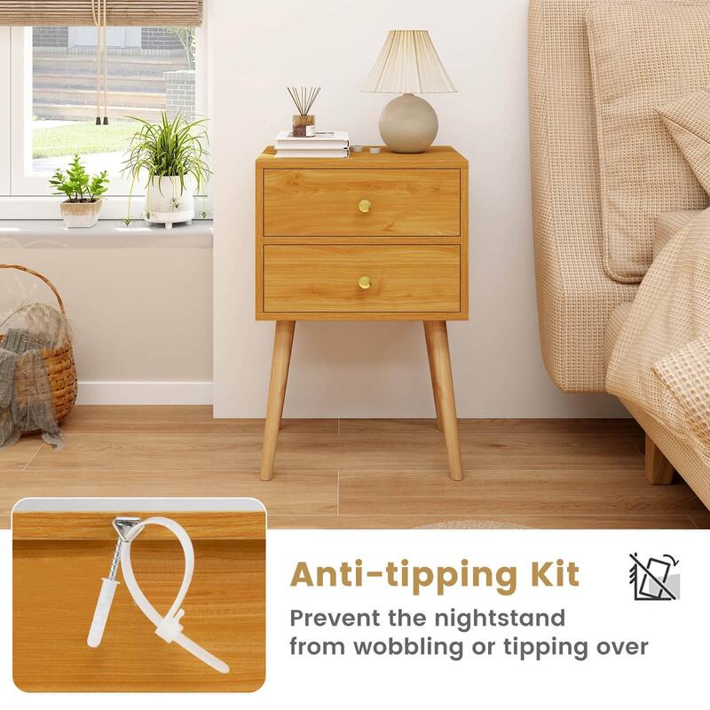 Costway Mid Century Modern 2 Drawers Nightstand In Natural Sofa Side