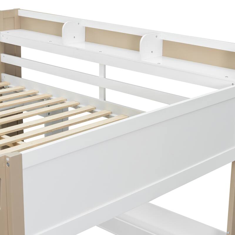 Full Size Wooden Loft Bed Frame with Built-in Storage Shelves, Open Cabinets, Clothes Rails and L-shape Desk