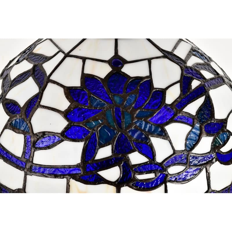 Gracie 12-inch Blue/White Flower Design Stained Glass/Bronze Tiffany-Style Table Lamp
