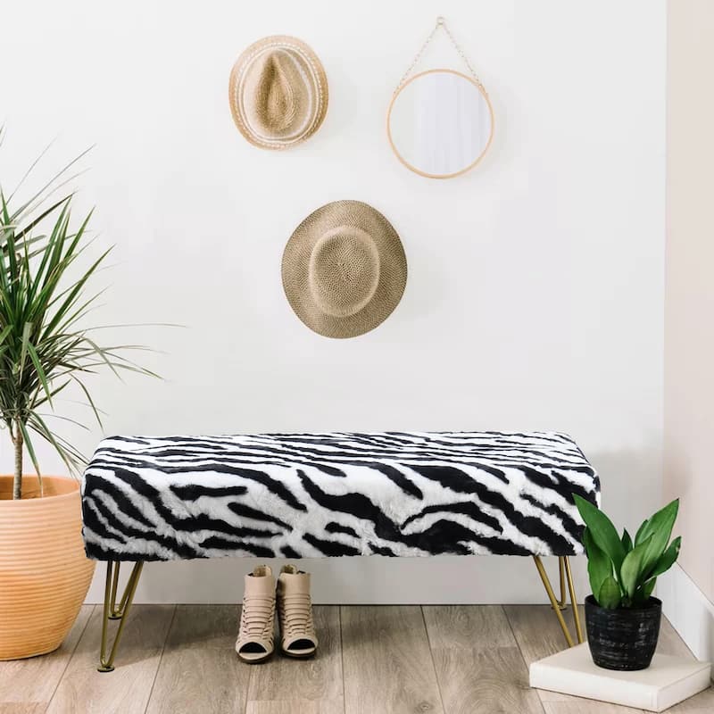 Home Soft Things Zebra Fauxfur Ottoman with Gold Metal Legs. - 46"x16"x17"