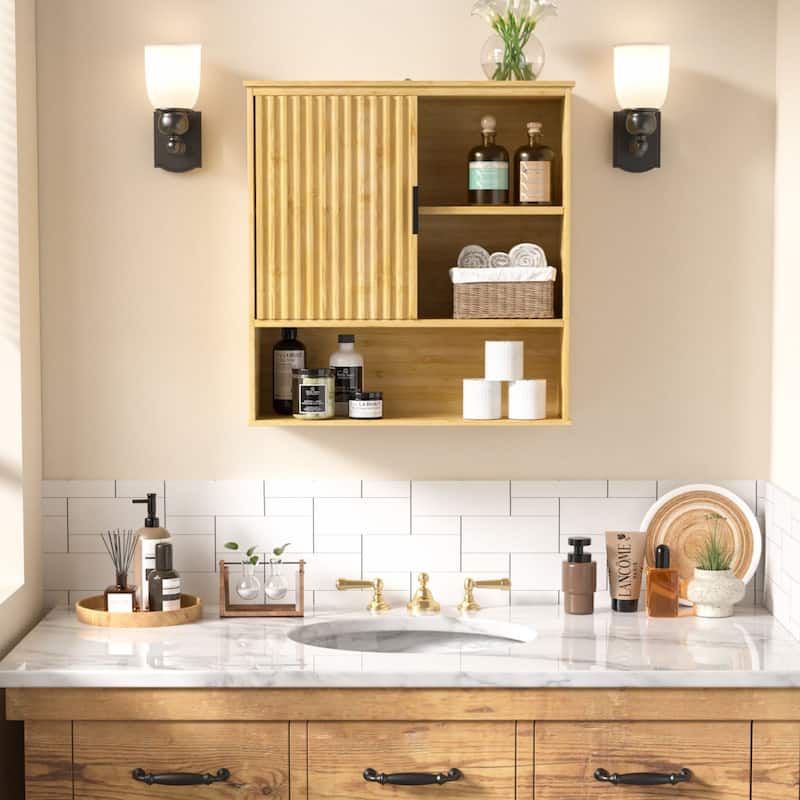 VEIKOUS Bamboo Wall Mounted Cabinet, Over Toilet Bathroom Organizer with Sliding Doors - Brown