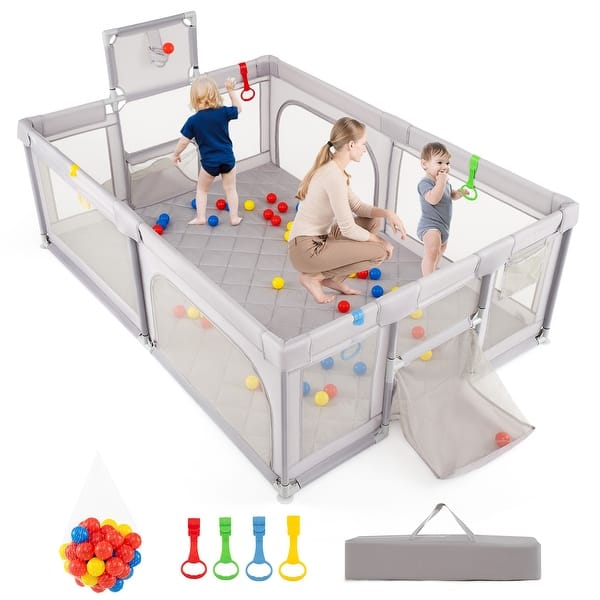 slide 2 of 9, Gymax 81'' x 57'' Extra Large Playpen for Babies & Toddlers - Grey Grey