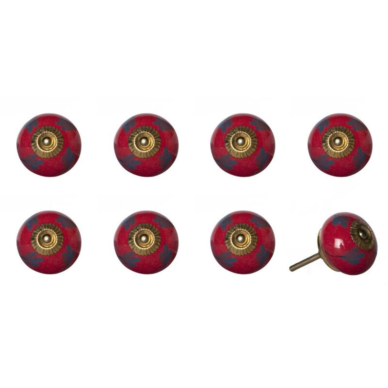 Set of 8 Hand-Painted Blue & Red Botanical Ceramic and Metal Cabinet Knobs - 1.5" x 1.5" x 1.5"