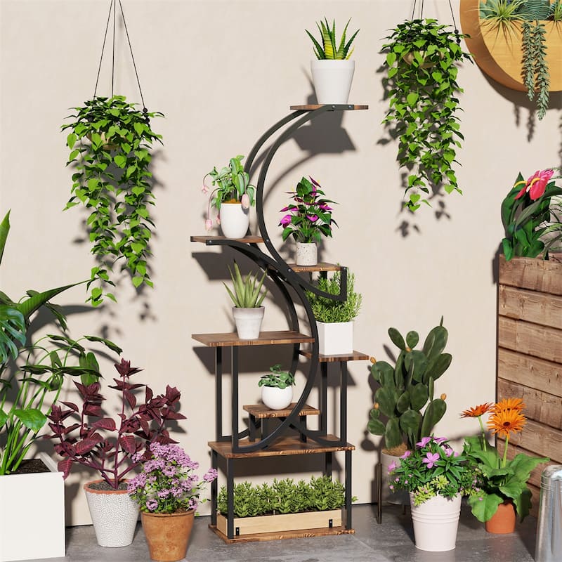 Eight-Tier Corner Plant Stand with S-Shaped Steel Frame and Fir Wood Shelves for Home Decor - 24.4" W x 10.2" D x 61.8" H
