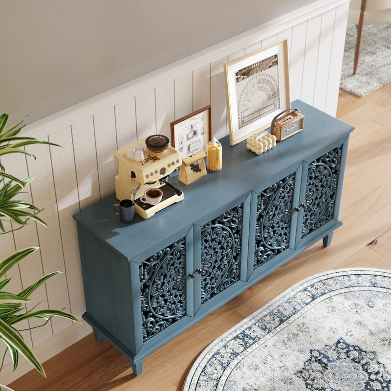 60" Antique Buffet Cabinet with Floral Carvings with Solid Wood Legs&Adjustable Shelves, TV Stand for 65''+ TV