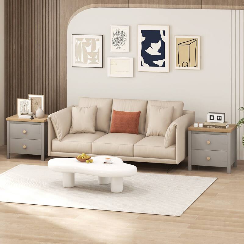 Gymax Nightstand Farmhouse Side End Table w/ Solid Wood Legs & 2