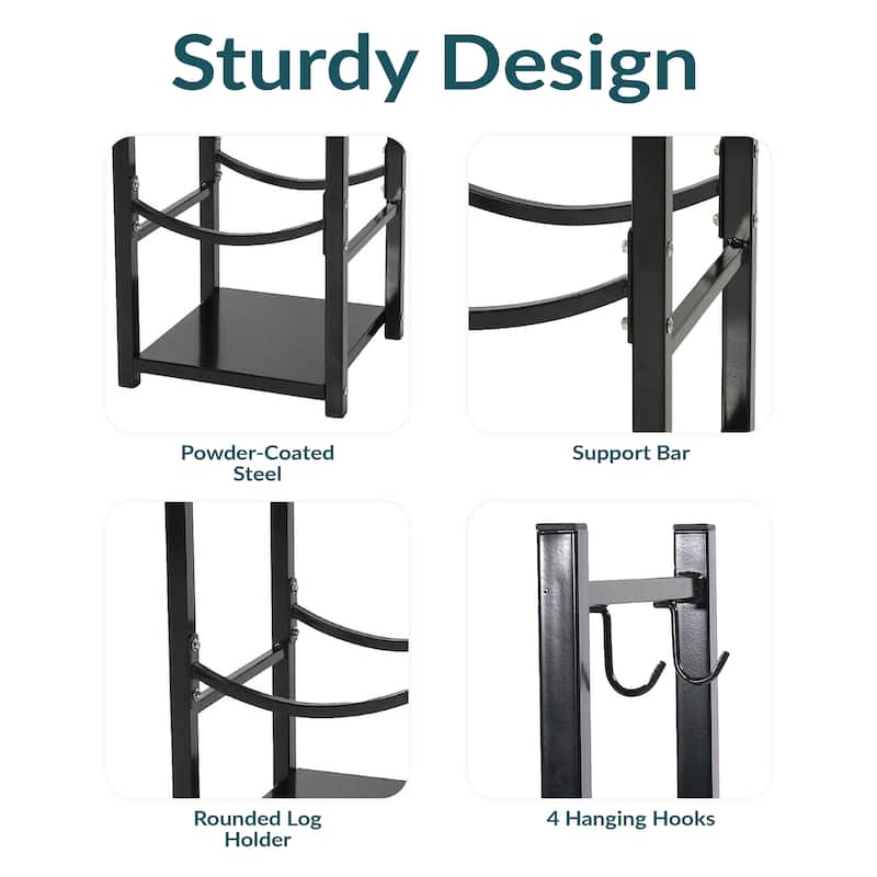 Sunnydaze Log Rack with Tool Holders Steel with Blakc Finish Firewood Storage