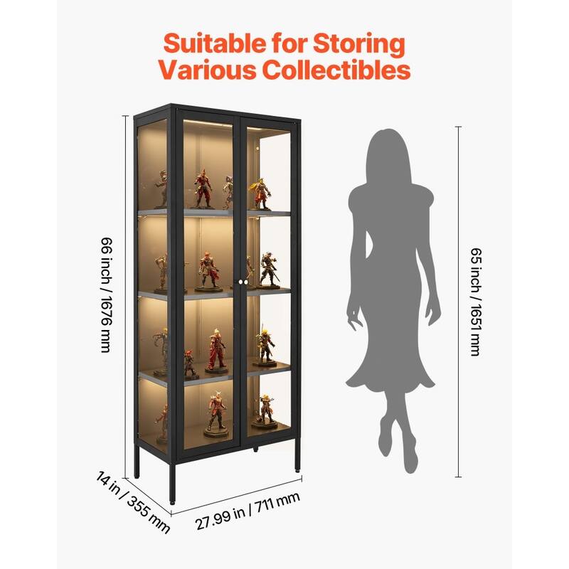 4-Tier Curio Cabinet with Tempered Glass Doors and Adjustable LED Lights and Sturdy Steel Frame - 27.99” × 14” × 66”