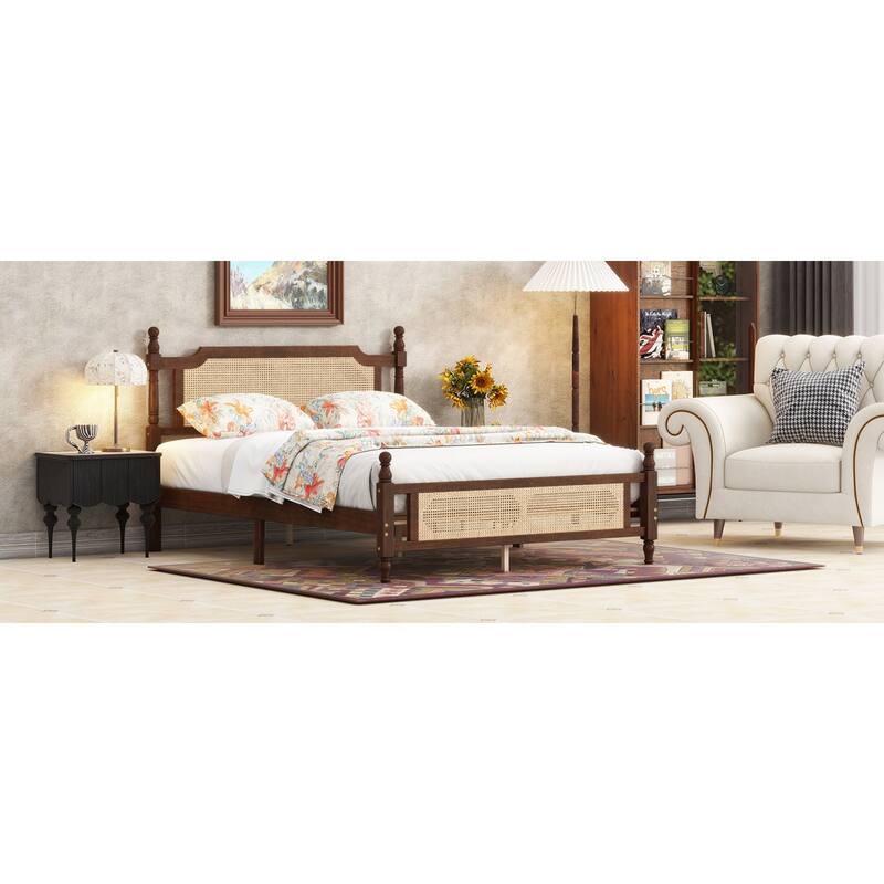 Roomfitters Queen Pine Wood Bed Frame with Rattan Headboard and Footboard, Central Reinforced Platform Support