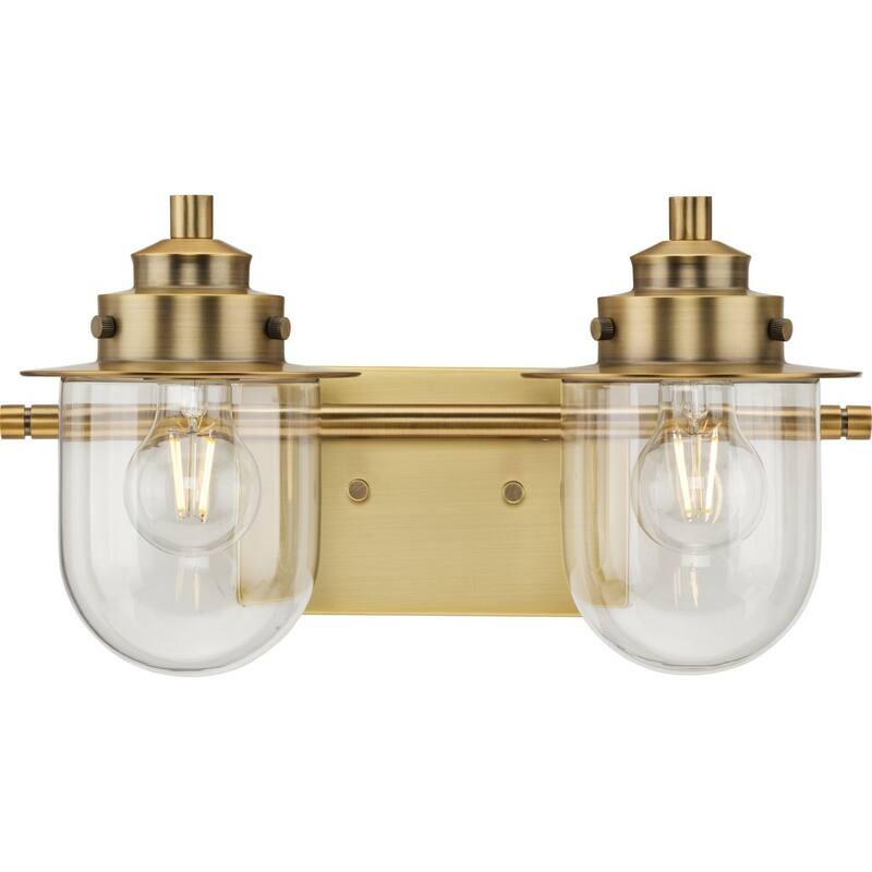 Northlake Collection Two-Light Vintage Brass Clear Glass Transitional Bath Light - 15.5 in x 7.5 in x 8 in