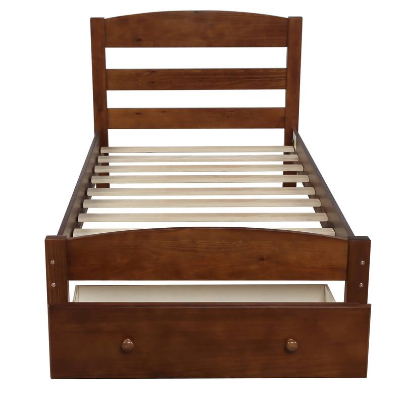 Elegant Twin Wood Bed Frame with Curved Headboard and Storage Drawer