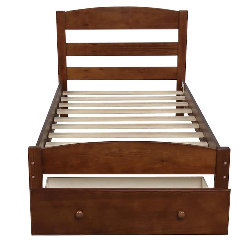 Twin Size Platform Bed Solid Pinewood Slat Bed Frame with Storage Drawer, Headboard and Wood Slat Support for Bedroom