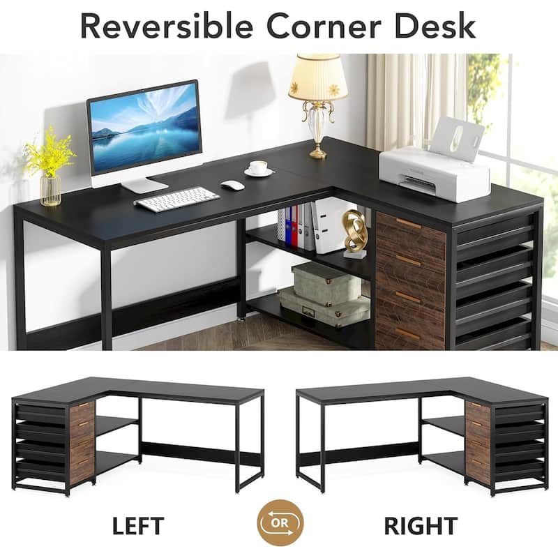 59"L-Shaped Computer Desk with Drawers and Shelves, Reversible Corner Office Desk Workstation, Writing Table with File Cabinets